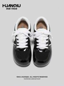 HUANQIU Tênis Femininos Planos, Sapatos Casuais Millennium, Tênis Esportivos Versáteis, Bloco de Cores Preto e Branco, Adequados para Todas as Estações - Preto - Visão 4
