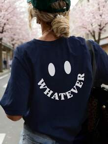 New Summer Women's Minimalist "WHATEVER" Smiling Face Print Round Neck Dark Grey Short Sleeve T-Shirt, Fashion Versatile, Suitable For Ladies' Casual Spring Tops - Navy - View 6