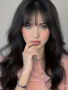 黑色棕色时尚20英寸长水波纹合成假发，带刘海 - 耐热，外观自然，男女皆宜 - 非常适合日常佩戴和万圣节派对 - 自然黑 - 查看 3