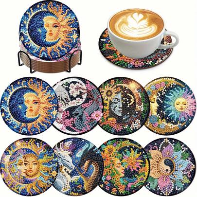 8件套日月DIY钻石画杯垫套装，圆形闪亮钻石，强力背胶，工具齐全，适合初学者，减压手工，新年、情人节、圣诞节、教师节礼物，家居装饰桌面杯垫，送给家人、朋友、女朋友、老师