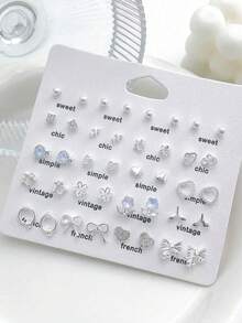 40pcs Zinc Alloy Small Cute Exquisite Stud Earrings Zinc Alloy Butterfly Crown Stud Earring Set Women's Daily Versatile - Blue - View 3