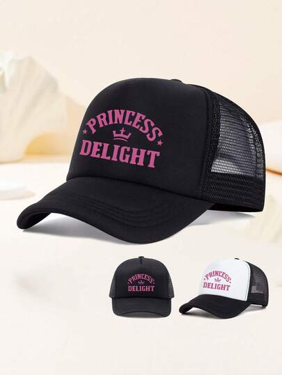 Minimalist Fashionable Cool Hippie Curved Brim Baseball Cap, "Princess" Print Breathable Mesh Trucker Hat, Casual Outdoor Sports Snapback, Unisex Adjustable Sun Hat Suitable For Daily Commute