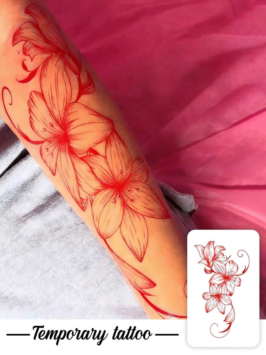 1张红色精致线条艺术逼真百合花图案贴纸,适用于派对、婚礼和特殊活动,花卉临时纹身贴纸,派对配饰,自然灵感纹身贴纸 - 紅色 - 查看 1