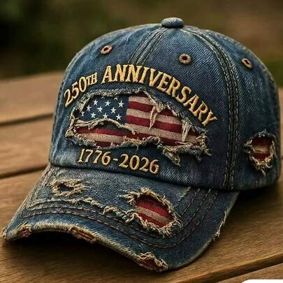 250th Anniversary USA Independence Distressed Denim Baseball Cap, Adjustable Patriotic Hat
