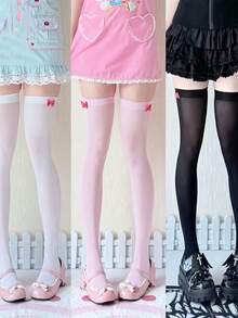 1 Pair Thin Bow Knee-High Socks For Women, Versatile For Spring/Summer - Multicolor - View 1