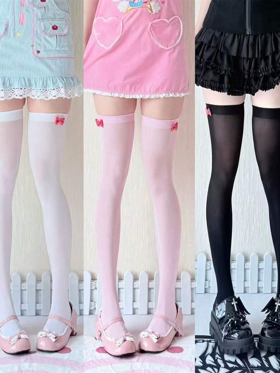 1 Pair Thin Bow Knee-High Socks For Women, Versatile For Spring/Summer - Multicolor - View 1