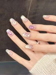 10片手工方形亚克力按压式美甲，中号，柔和裸色，闪亮猫眼，手绘简约紫色葫芦花，前卫优雅简约春季假指甲，夏季美甲，适合派对、日常、约会、海滩、热带度假等场合，DIY美甲，适合女性和女孩作为礼物，美甲用品 - 紫色 - 查看 3