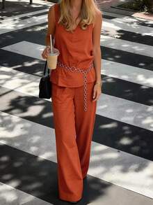 PoPoHouse Women's Elegant Two Pieces Set Linen Sleeveless V-Neck Top & Loose Wide-Leg Pants For Casual Commute Summer Beach Vacation Outfit - Burgundy - View 5