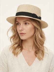 1顶可调节纯色宽檐卷边草编遮阳帽，女士款，时尚 - 彩色 - 查看 17