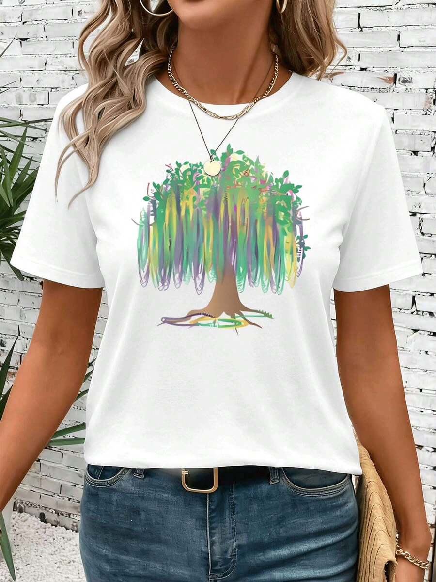 T-shirt da donna estiva con stampa di alberi colorati, casual, traspirante, con grafica unica. - Bianco - Visualizzare 1