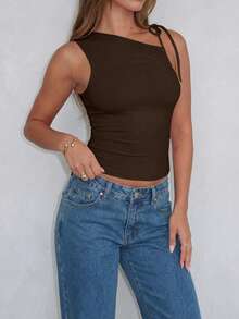Asymmetric Tie Dye Sleeveless Crop Top, Stretchy & Comfortable For Summer - Coffee Brown - View 8