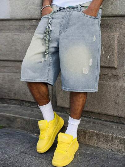 Teenage Boys' Vintage Distressed Denim Shorts With Multiple Craftsmanship, Blue
