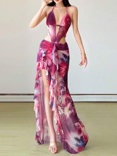 Vestido de fiesta con estampado, sin mangas y con espalda descubierta para mujer YeonC, con bajo asimétrico y detalles con flecos, de punto elástico con estilo bohemio, con tirantes de espagueti, vestido de verano con estampado tropical vibrante