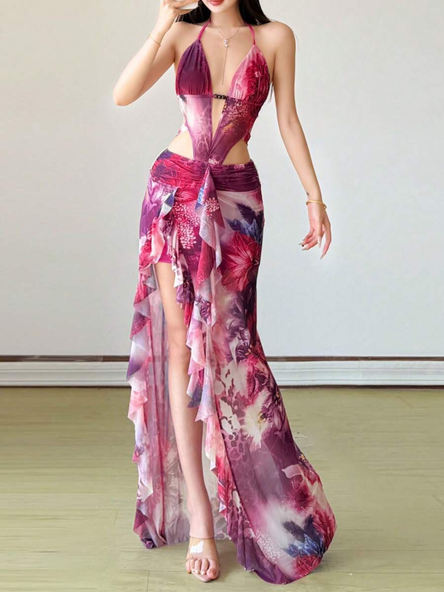 YeonC 女士露背无袖印花半透明派对连衣裙，不对称下摆饰有流苏，高弹针织波西米亚风吊带连衣裙，活力热带印花夏季连衣裙 - 紫色 - 查看 1