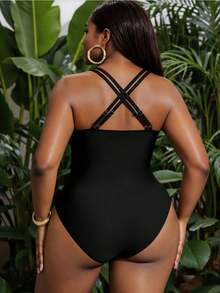 2026 New Women Plus Size One-Piece Swimsuit, Adjustable Double Shoulder Straps, Mesh Splicing Cross Back Design, Solid Color Slim Fit Bathing Suit, Beach Vacation Pool Outfits - 黑色 - 查看 4