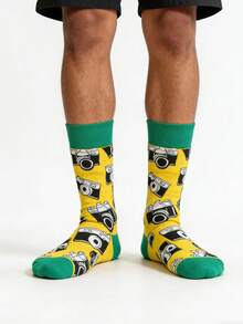 1 Pair Unisex Yellow Camera Printed Fashion Mid-Calf Socks, Suitable For All Seasons - Yellow - View 1