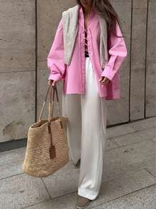 女士纯色长袖衬衫，常规版型，饰有刺绣纽扣和绳结装饰。适合秋季、返校季、派对、Y2K风格、郊游、音乐会、冬季、乡村等场合。春季 - 粉紅色 - 查看 11