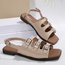 女士平底软底凉鞋，一体式搭扣绑带，罗马风格女士夏季户外鞋，法式高端露趾沙滩拖鞋，镶钻 - 杏色 - 查看 1