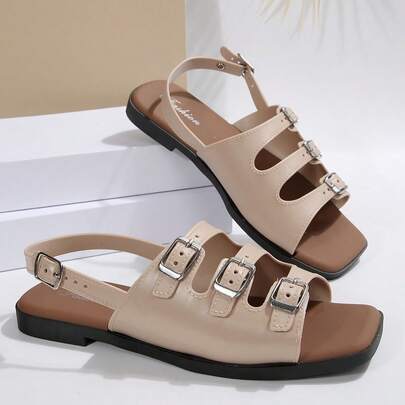 女士平底软底凉鞋，一体式搭扣绑带，罗马风格女士夏季户外鞋，法式高端露趾沙滩拖鞋，镶钻