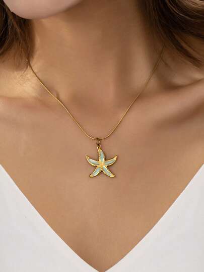 1 Pc 18K Gold Plated Stainless Steel Starfish Pendant Necklace For Women, Minimalist Snake Chain With Starfish Charm, Ocean Beach Style Summer Vacation Jewelry