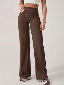 TimeOff 1pc Women's Minimalist Elastic V-Shaped Lifting Straight Wide-Leg Letter Print Sports Pants - Mocha Brown - View 9