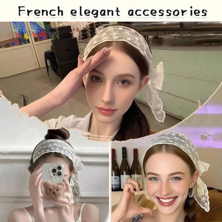 法式优雅白色蕾丝蝴蝶结发箍，日常佩戴宽边发圈配饰 - 彩色 - 查看 1