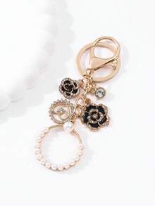 1 pieza Elegante llavero de mujer con aro de perlas, flor y corazón de cristal de lujo, accesorio de alta gama para bolso o coche - Blanco y Negro - Ver 2