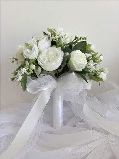 手工制作的婚礼花束，人造白玫瑰花束，适合新娘、伴娘、婚礼、新娘送礼会、婚纱照拍摄、派对家居装饰