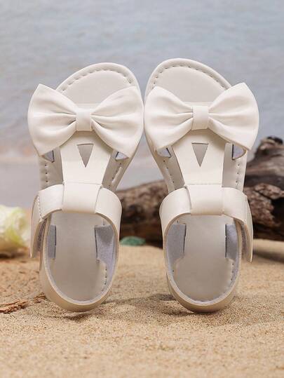 1 Pair White Bow Infant/Toddler Girls' Sandals, Solid Color Non-Slip Rubber Soft Bottom, Hook And Loop Design Round Toe Soft PU, Suitable For 3-15 Years Old Girls, Daily, Travel, Party, Spring/Summer 2026 New