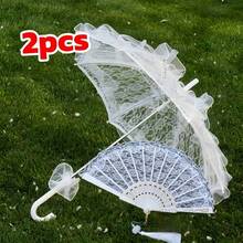2pcs Set, White Lace Parasol And Lace Hand Fan, Tea Party Decor, Christening Birthday Party Supplies, Vintage Wedding Accessories, Bridesmaid Photo Props, 18th Century Costume Accessories - A - View 5