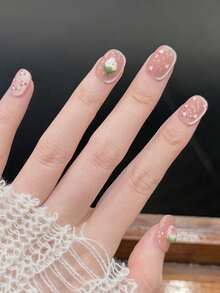 10片/套美甲贴片！草莓水果造型，四季草莓软萌设计，手绘豹纹，闪亮猫眼，超可爱手工美甲贴片！ - 彩色 - 查看 4