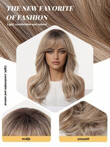 Brown Ombre Chic 20inch Long Water Wave Synthetic Wig With Bangs - Heat Resistant, Natural Look For Women & Men - Perfect For Daily Wear & Halloween Parties - 漸層 - 查看 3