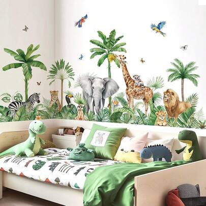 Safari Animals Tropical Tree Wall Stickers Jungle Forest Giraffe Elephant Lion Wall Decals For Bedroom Living Room Playroom Home Wall Decor