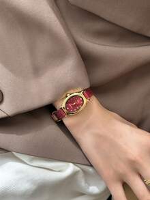 1 件女士椭圆形罗马数字休闲优雅石英表，适合日常佩戴 - 紅色 - 查看 3