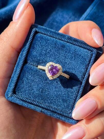 1 pieza Anillo con forma de corazón de circonita de colores vintage, joyería de plata de ley 925, anillo de promesa encantador, regalo de joyería elegante, adecuado para uso diario y decoración de citas