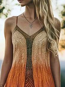 Plus-Size Women's Sexy V-Neck Spaghetti Strap Maxi Dress, Orange-Green Gradient Retro Print, Thin Strap Design, Slightly Stretchy Knit Fabric, Machine-Washable, Quick-Drying, Slim-Fit High-Waist A-Line Style, Casual Vacation Dress, Suitable For Outdoor Trips / Daily Wear - 彩色 - 查看 6