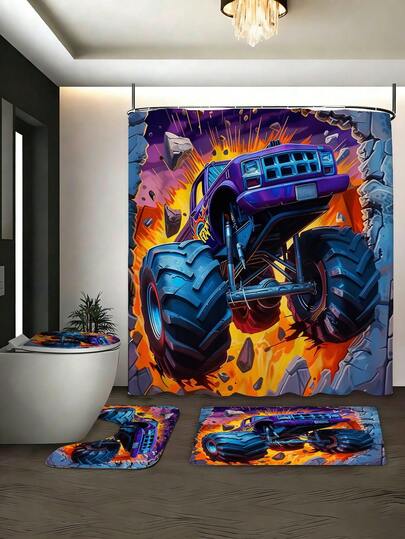 1/3/4件套紫色破墙怪兽图案浴帘套装，家居装饰，浴室帘，浴室套装，浴室配件，包含浴帘，浴室浴帘套装。多尺寸浴帘套装，装饰性浴室配件包括浴帘、U型马桶座套、防滑垫、马桶座套和12个浴帘挂钩。适合作为乔迁、生日、节日礼物，以及情侣间的礼物。