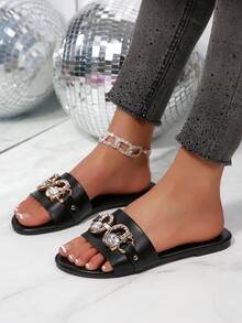 Sandalias de mujer con decoración de rhinestones, cómodas y casuales para uso en exteriores, minimalistas de una sola tira, diapositivas planas negras, de moda, nuevas llegadas de verano - Negro - Ver 4