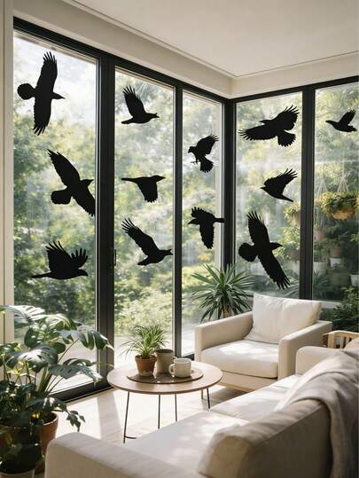 1 طقم (4 أوراق) ملصق نافذة كبير قابل للإزالة بشكل طائر الغراب، سهل التطبيق من الفينيل، نباتات معلقة عتيقة، وشم النافذة، ملصق نافذة لاصق ذاتي، حماية من الطيور، ديكور ملصق نافذة لغرفة المعيشة والنوم