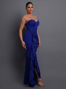 Women's Strapless Ruffle Trim Evening Dress, Elegant High-End Formal Gown With Layered Fabric Details, Suitable For Formal Dinners, Fashion Photography, Luxury Galas, Romantic Nights, Stylish Gatherings Spring Wedding Party - Royal Blue - View 6