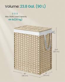 SONGMICS Handwoven Laundry Hamper, Dirty Clothes Basket, 23.8 Gal (90L) Synthetic Rattan Clothes Laundry Basket With Lid And Handles, Foldable, Removable Liner Bag, 18.1"L X 13"W X 23.6"H, Gray, Khaki - 沙灘色 - 查看 3