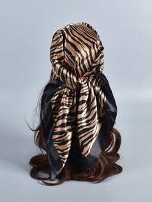 1pc Zebra Striped Print Bandana Women Big Square Scarf Bandana,Hair Band,Band Dressing Up Your Look NKTJ - Cà phê nâu - Xem 4
