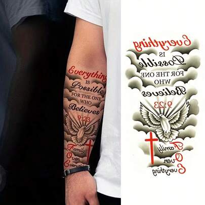 1 Sheet Cross, Peace Dove, Classic Quotes, Body Art Temporary Tattoo Stickers, Waterproof & Sweat-Proof, Suitable For Arms, Legs, Ideal Gift