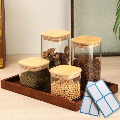 Hũ đựng gia vị bằng thủy tinh, hộp đựng hình chữ nhật kín khí có nhãn, thích hợp để sắp xếp nhà bếp, bảo quản thực phẩm và đựng gia vị (tương thích với giá đựng gia vị).
