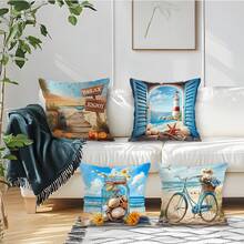 4pcs Beach & Seascape Printed Velvet Pillow Covers, 100% Polyester, Living Room Sofa Bedroom Decor, No Pillow Insert, 40x40cm/45x45cm/50x50cm - Beach and Seascape Theme - View 8