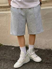 1pc Tween Boys' Casual Loose Fit Straight Leg Drawstring Bermuda Shorts, Comfortable For Summer Sports And Commuting - Light Grey - View 3