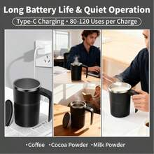Self Stirring Mug, Stainless Steel Automatic Stirring Coffee Mug With Temperature Display, Rechargeable Travel Coffee Cup With Lid & Handle, For Coffee, Milk, And Other Beverages - Black - View 2