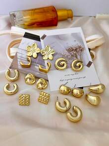 9 Pairs European And American Style Metal Texture CCB Material Geometric Square Flower Spiral Stud Earrings, Versatile For Women - Gold - View 2