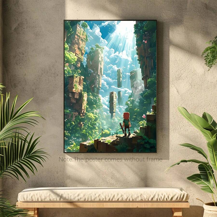 Imprimeu 2D fără ramă pe pânză - Peisaj Pixel Art, Decor de perete colorat cu lumea jocurilor pentru sufragerie, dormitor, birou, sufragerie - Cadou ideal, Artă în dormitor, Stil de animație, Design Pixel