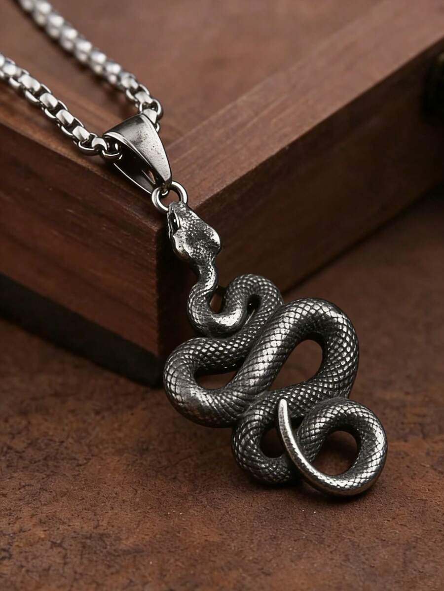 Collar con colgante de acero inoxidable con serpiente 3D enrollada, estilo gótico punk, unisex - Plateado - Ver 1